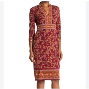 London Style Collection Floral Print Dress V-Neck Long Sleeve Casual Red Size 16